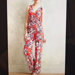 Anthropologie Coral Floral Jumpsuit
